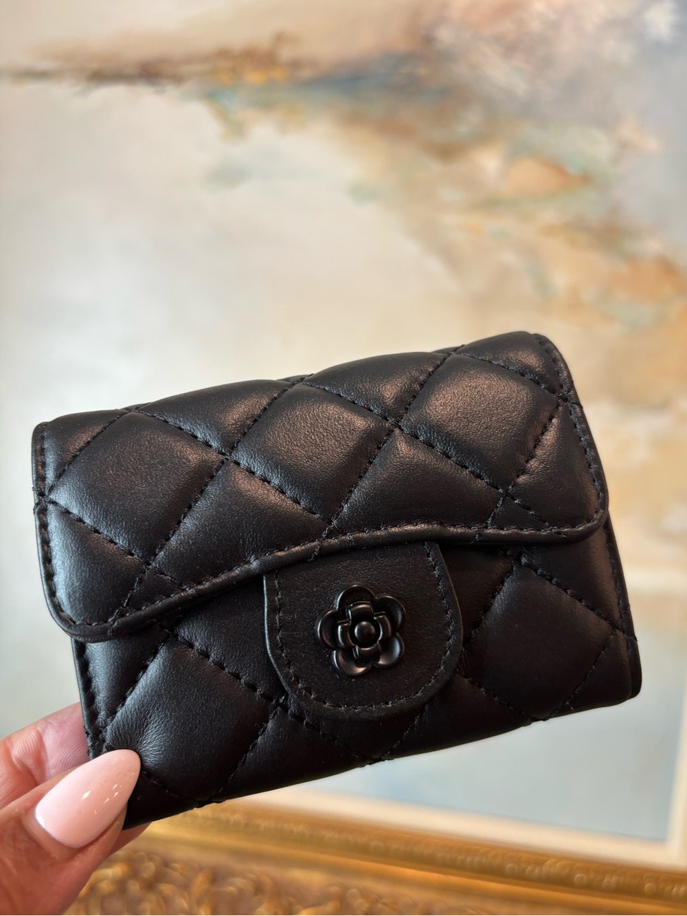 Quilted Black Leather Mini Wallet with Flower Snap
